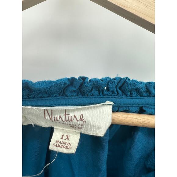 Nuture Westbound Top Women 1X Blue Eyelet Puff Sleeve Cotton Boho Summer Shirt - Picture 6 of 8